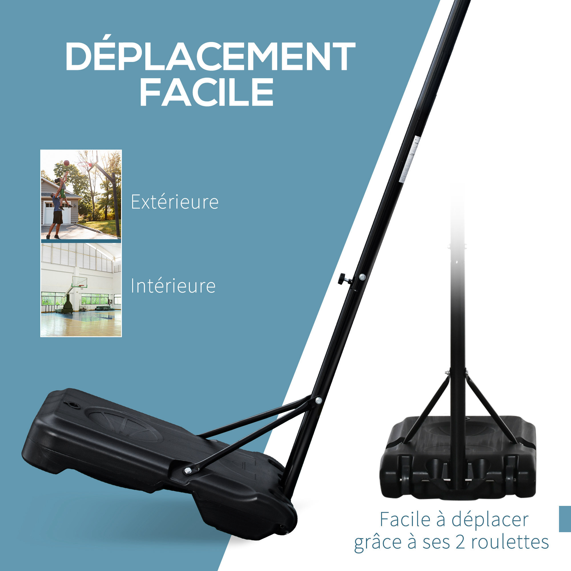 Panier de Basket-Ball sur pied avec poteau panneau - base de lestage sur roulettes - hauteur réglable 5 niveaux 2,45-2,95 m - acier HDPE noir blanc