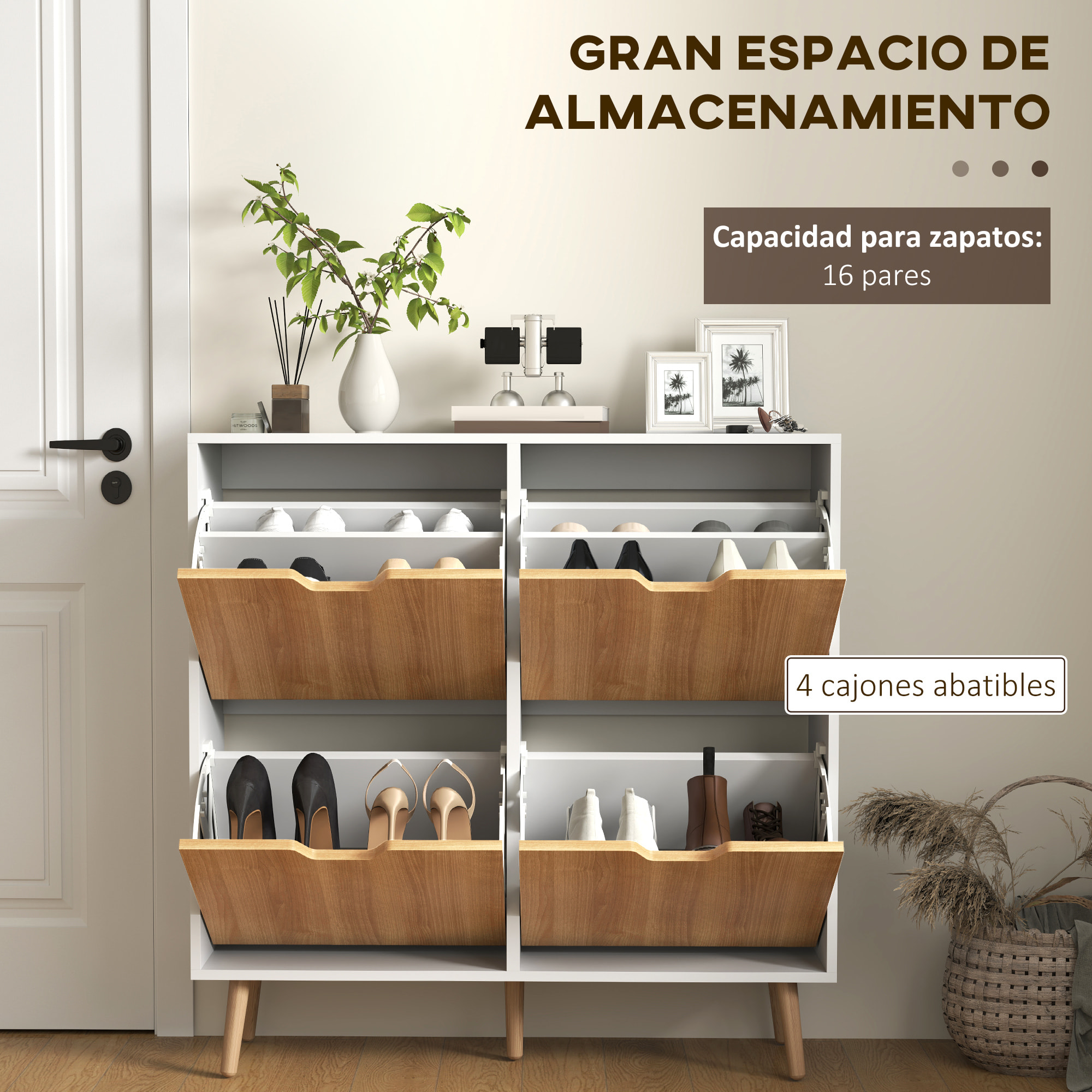 Zapatero Estrecho con 4 Cajones Abatibles, Zapatero Entrada Recibidor con Patas de Madera y Estantes Ajustables, para 16 Pares de Zapatos, para Pasillo, 95x26x95 cm, Natural y Blanco