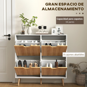 Zapatero Estrecho con 4 Cajones Abatibles, Zapatero Entrada Recibidor con Patas de Madera y Estantes Ajustables, para 16 Pares de Zapatos, para Pasillo, 95x26x95 cm, Natural y Blanco