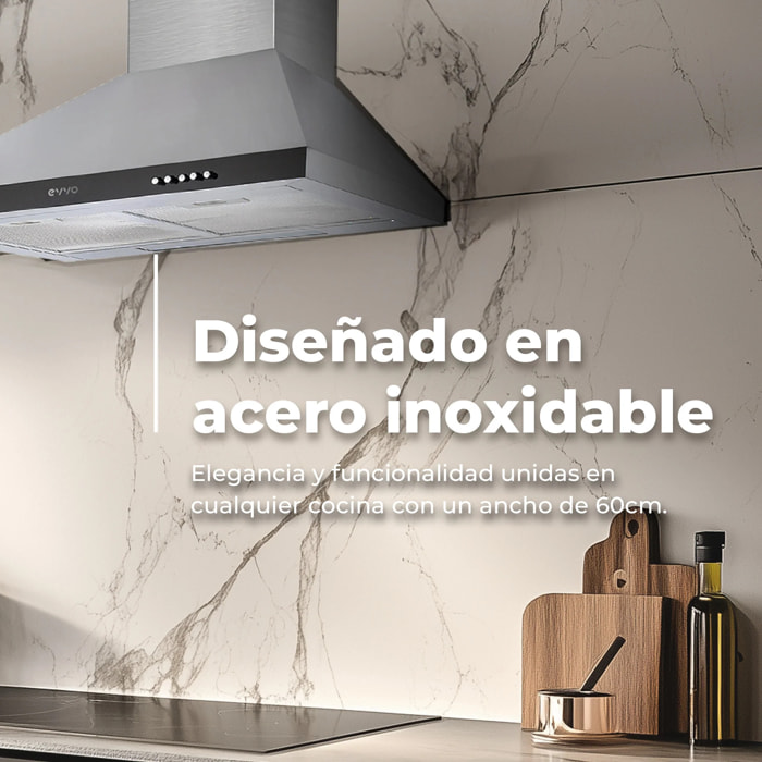 Campana Extractora EVVO CE21 Pyramid, 60 cm, Inox, 650 m³/h, 3 Velocidades, Energía A