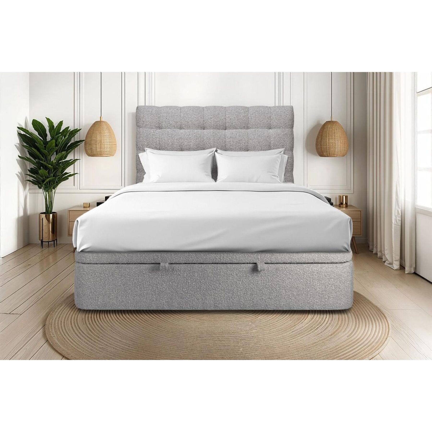 Lit coffre avec tête de lit capitonnée bouclette