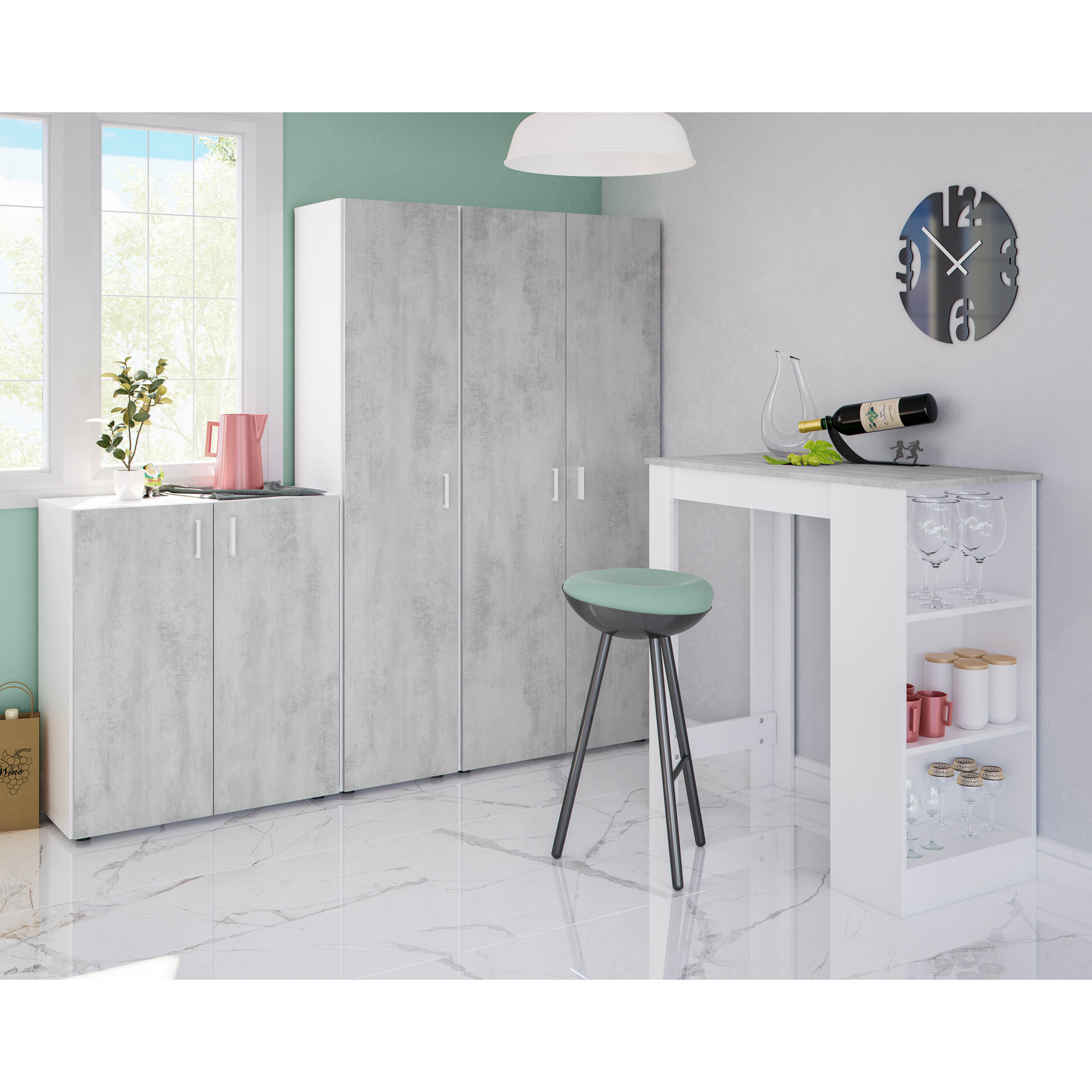 Armadio Multiuso Armadietto Alto Con Doppia Anta e 4 Ripiani Ideale Per Bagno Ingresso Camera Da Letto Garage 80 x 37 x 182 Cm Bianco e Grigio Cemento