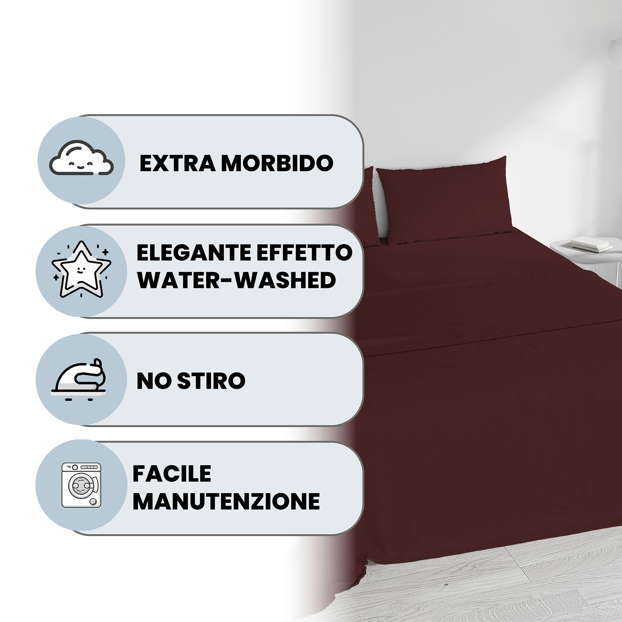 COMPLETO LETTO WATER WASHED, 100% Microfibra, No Stiro - BORDEAUX
