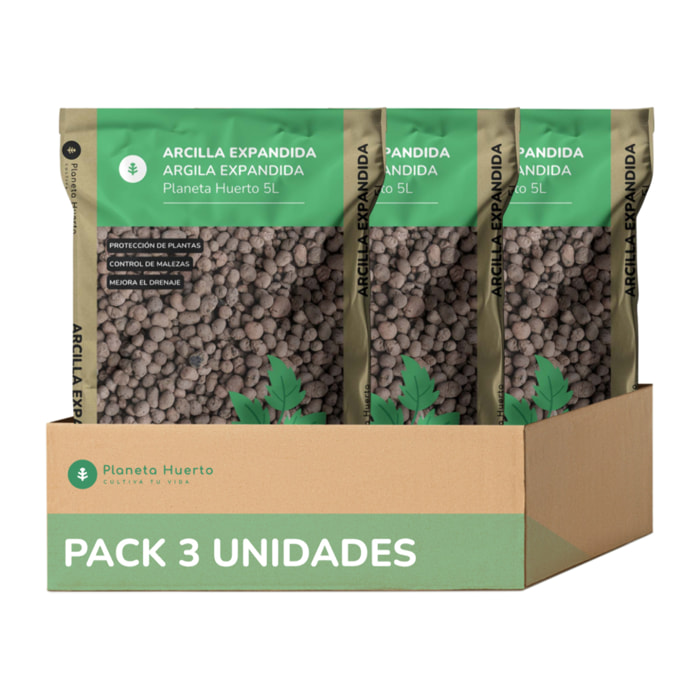PLANETA HUERTO | Pack 3x Arcilla Expandida 15 Litros, Bolas de Arcilla para Drenaje, Control de Malezas y Protección de Raíces - Arcilla Expandida Ideal para Macetas, Jardineras y Cultivos