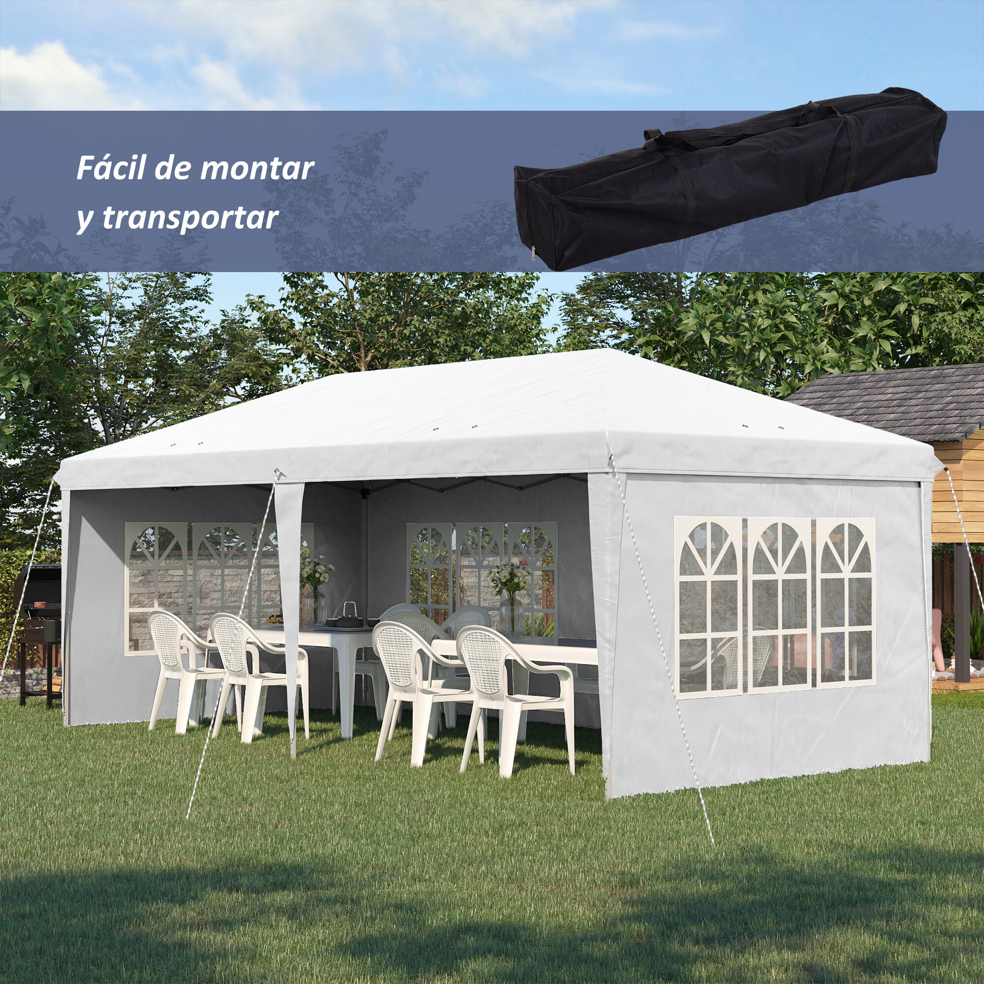 Carpa Plegable 6x3 m con 4 Laterales Desmontables Cenador de Jardín con 4 Ventanas Visibles y Bolsa de Transporte para Patio Terraza Blanco