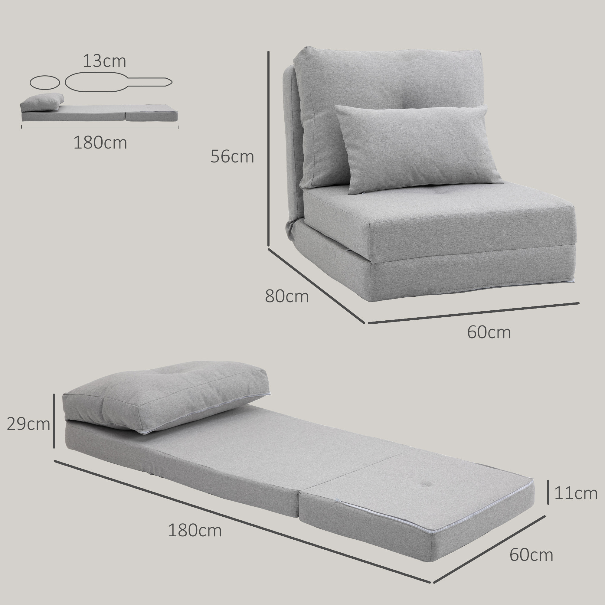 HOMCOM Sofá Cama Individual Plegable 3 en 1, Sofá Cama, Tapizado en Lino, con Respaldo Ajustable 5 Posiciones, Almohadas, Marco Metálico, para Dormitorio, Salón, Gris Claro
