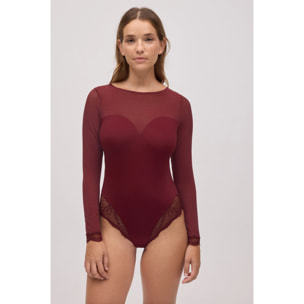 Body intimo a maniche lunghe con schiena scoperta color granato