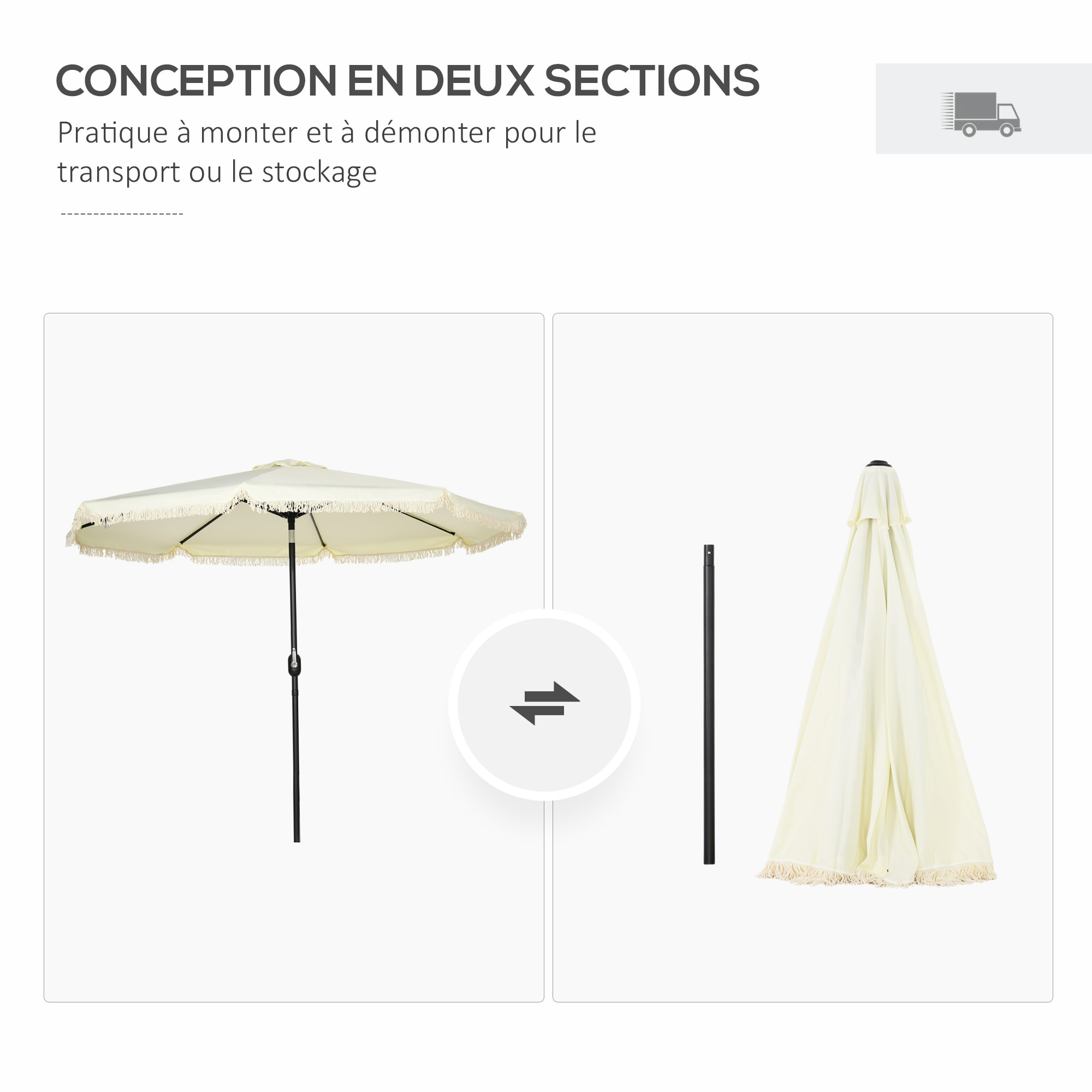 Parasol octogonal inclinable Ø 2,68 x 2,32H m mât acier noir polyester haute densité 180 g/m² crème