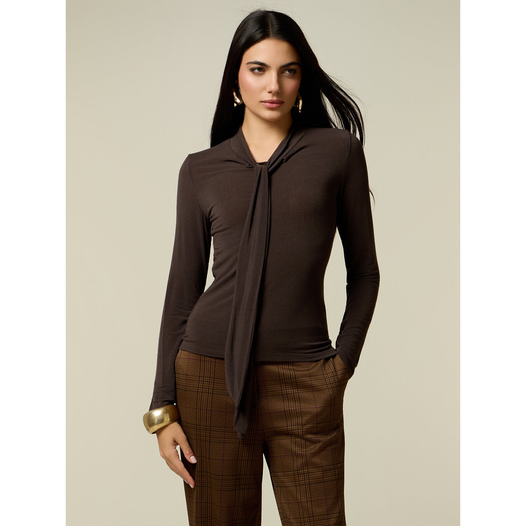 Oltre - T-shirt misto cashmere con fiocco - Marrone