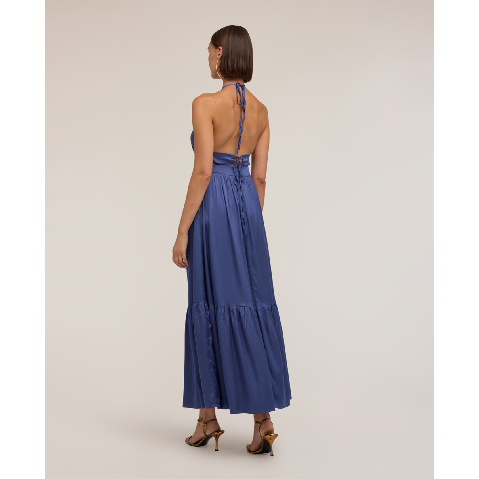 Motivi - Vestido largo de raso con volante - Azul