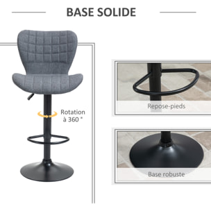 Lot de 2 tabourets de bar design dossier incurvé capitonné hauteur d'assise réglable 61-81 cm pivotant 360° repose-pied velours gris