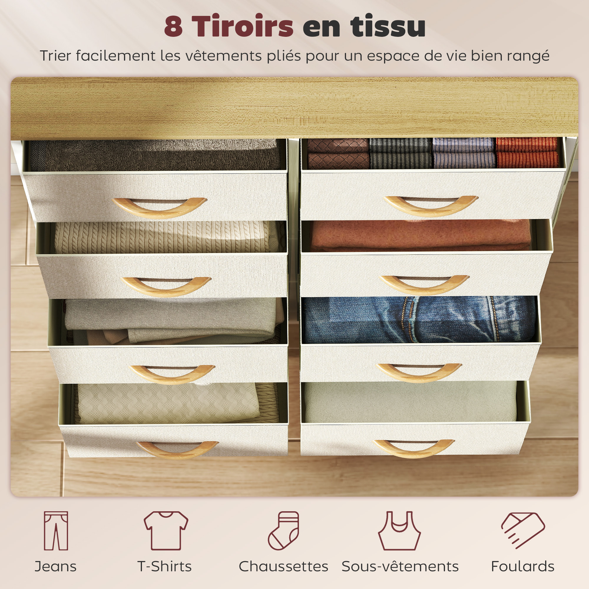 Commode 8 tiroirs en tissu beige 4 poches 2 crochets acier blanc effet bois