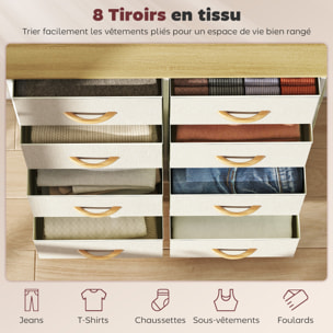 Commode 8 tiroirs en tissu beige 4 poches 2 crochets acier blanc effet bois