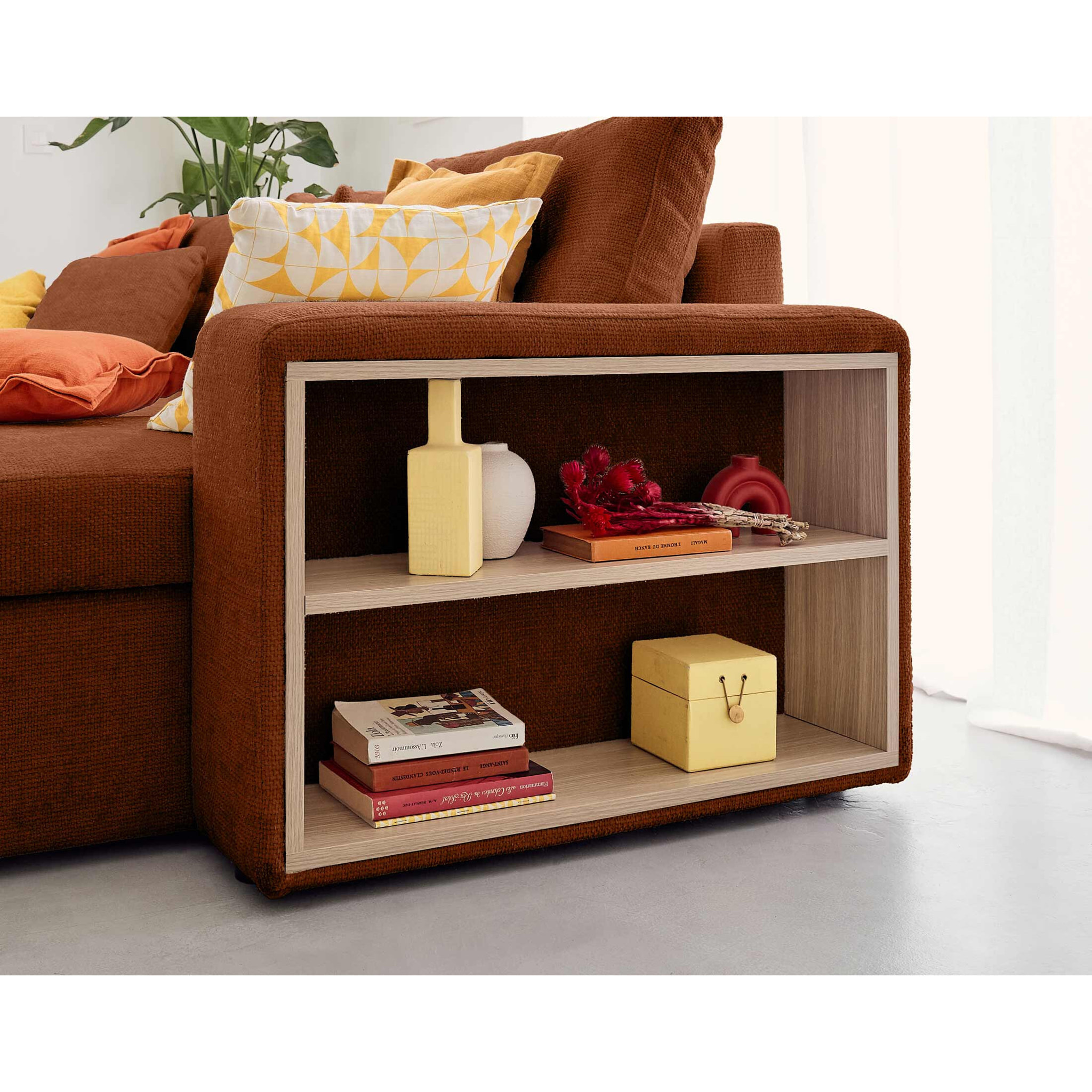 California - canapé d'angle réversible 4 places - convertible avec coffre, étagère et poufs - en velours texturé - Terracotta