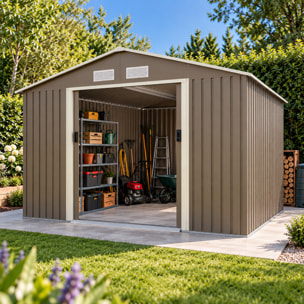 Abri de jardin métal gris/vert 10,91 m² + kit d'ancrage