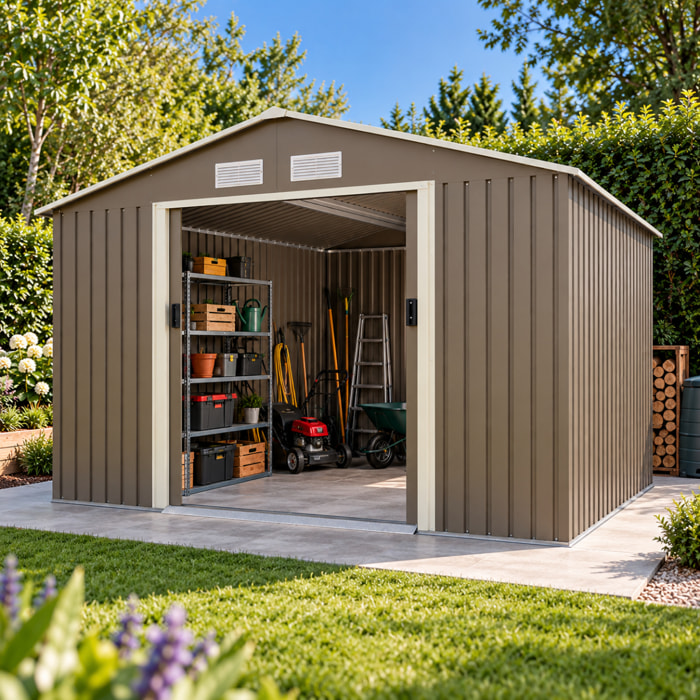 Abri de jardin métal gris/vert 10,91 m² + kit d'ancrage