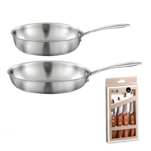 Gourmet - Lot de 1 poêle inox 28 cm, 1 sauteuse inox 24 cm, 1 coffret 4 couteaux de cuisine