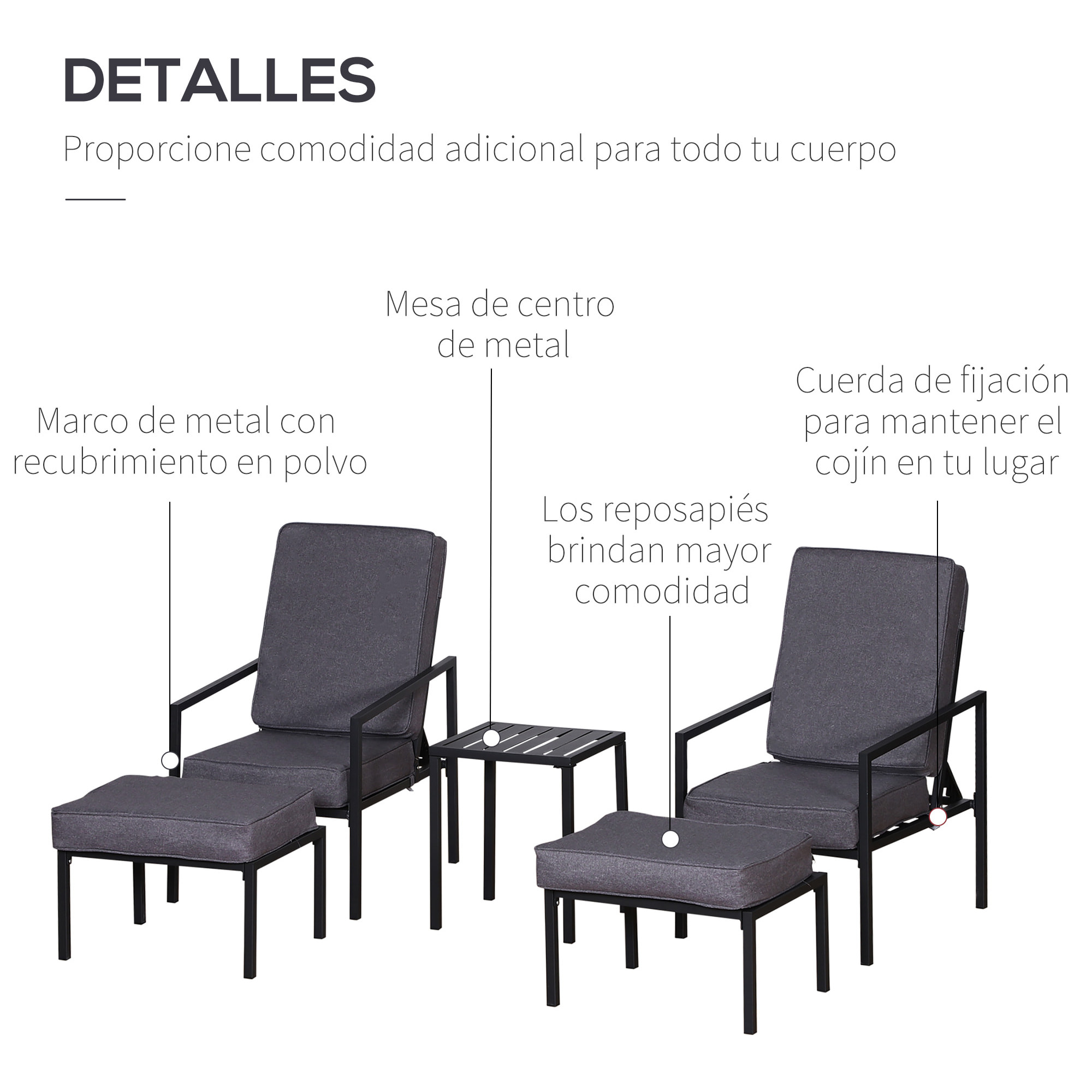 Conjunto de Muebles de Terraza 2 Sillas 1 mesa y 2 Reposapiés Color Gris y Negro