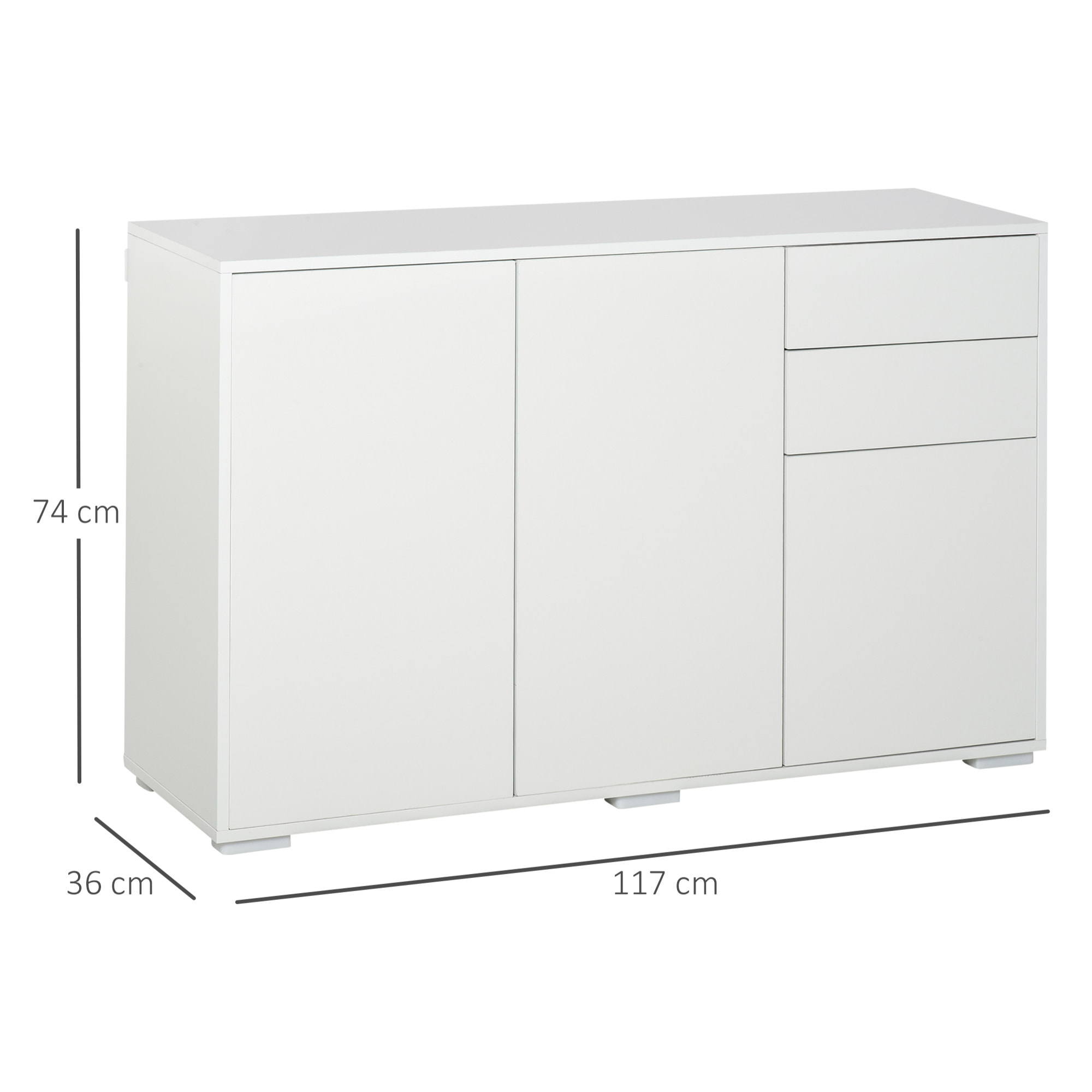 Commode buffet de rangement 2 tiroirs coulissants 3 portes étagère réglable panneaux de particules 117 x 36 x 74 cm blanc