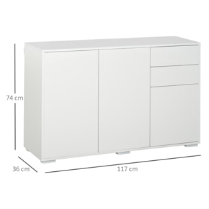 Commode buffet de rangement 2 tiroirs coulissants 3 portes étagère réglable panneaux de particules 117 x 36 x 74 cm blanc