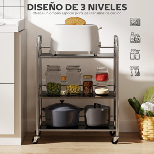 Carrito Auxiliar con Ruedas de Acero Inoxidable, Carro de Servicio de 3 Niveles con Estante Ajustable, 2 Ruedas con Freno, Carrito para Cocina, Restaurante, Hotel, 60x35x77 cm, Plata