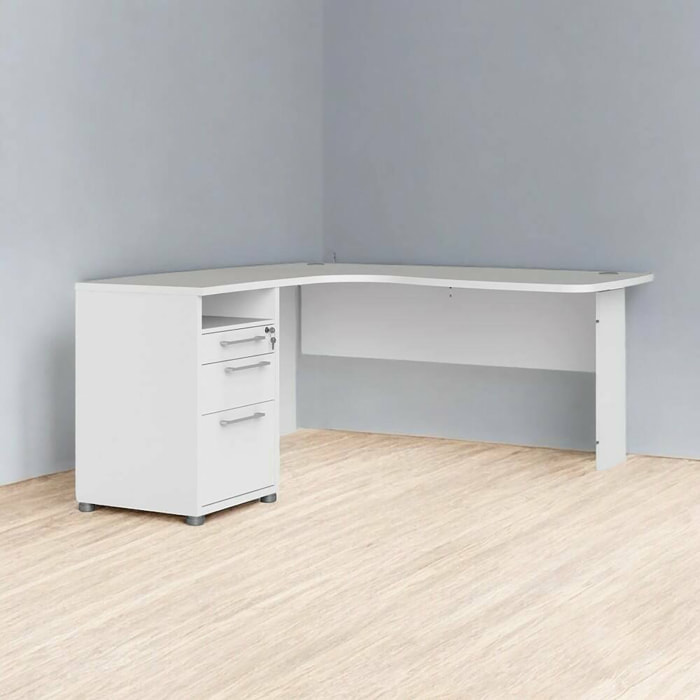 Scrivania Roslyn, Scrittoio multiuso, Tavolo per ufficio porta PC, Piano di lavoro, 159x150 h75 cm, Bianco