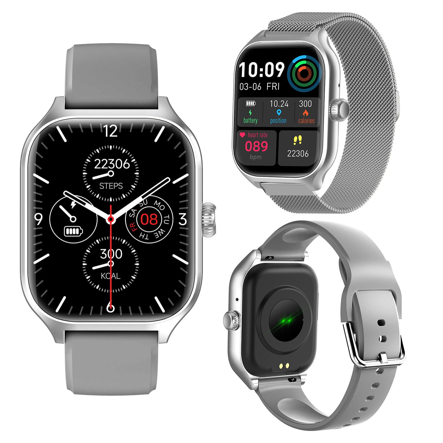 Smartwatch GTS4 Plus con chiamate BT, notifiche push. Monitor sportivo e sanitario. Corona multifunzione. 2 cinturini in silicone e metallo.