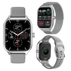 Smartwatch GTS4 Plus con chiamate BT, notifiche push. Monitor sportivo e sanitario. Corona multifunzione. 2 cinturini in silicone e metallo.