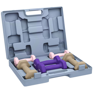 Juego de Mancuernas de 6 Piezas 2 x1 kg 2 x2 kg 2 x3 kg Mancuernas Hexagonales con Revestimiento de Plástico Antideslizante y Estuche de Transporte para Ejercicio en Casa Gimnasio Multicolor