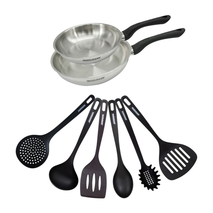 Set 2 poêles en inox et 6 ustensiles RPET Fackelmann Geneva