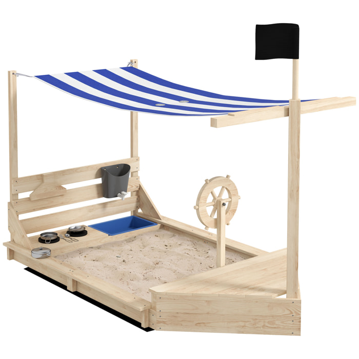 Bac à sable bateau de pirate en bois avec jeu de cuisine et 6 accessoires