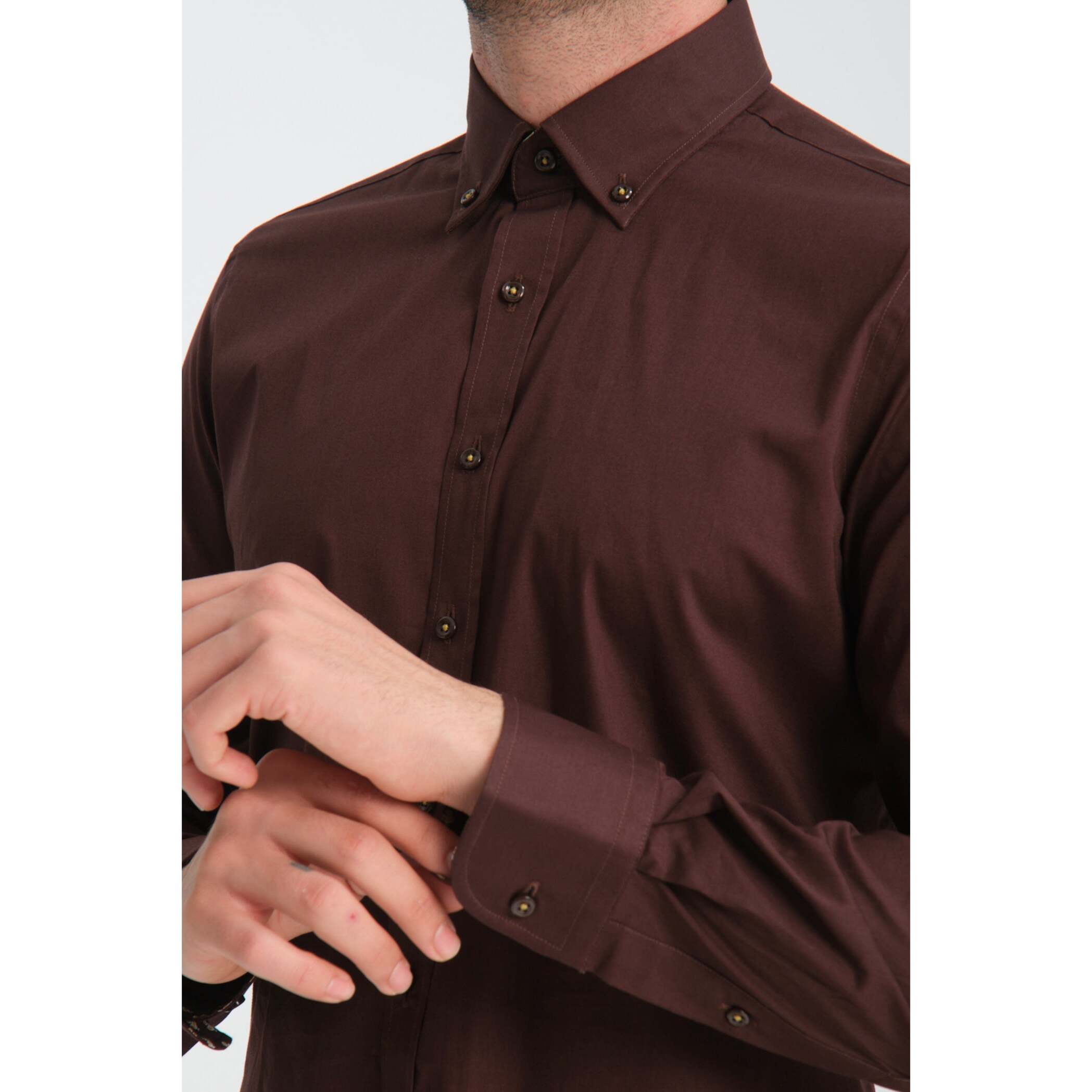camicia uomo 1 bottone button down slim Popeline Stretch Unito Marrone