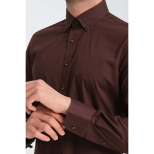 camicia uomo 1 bottone button down slim Popeline Stretch Unito Marrone