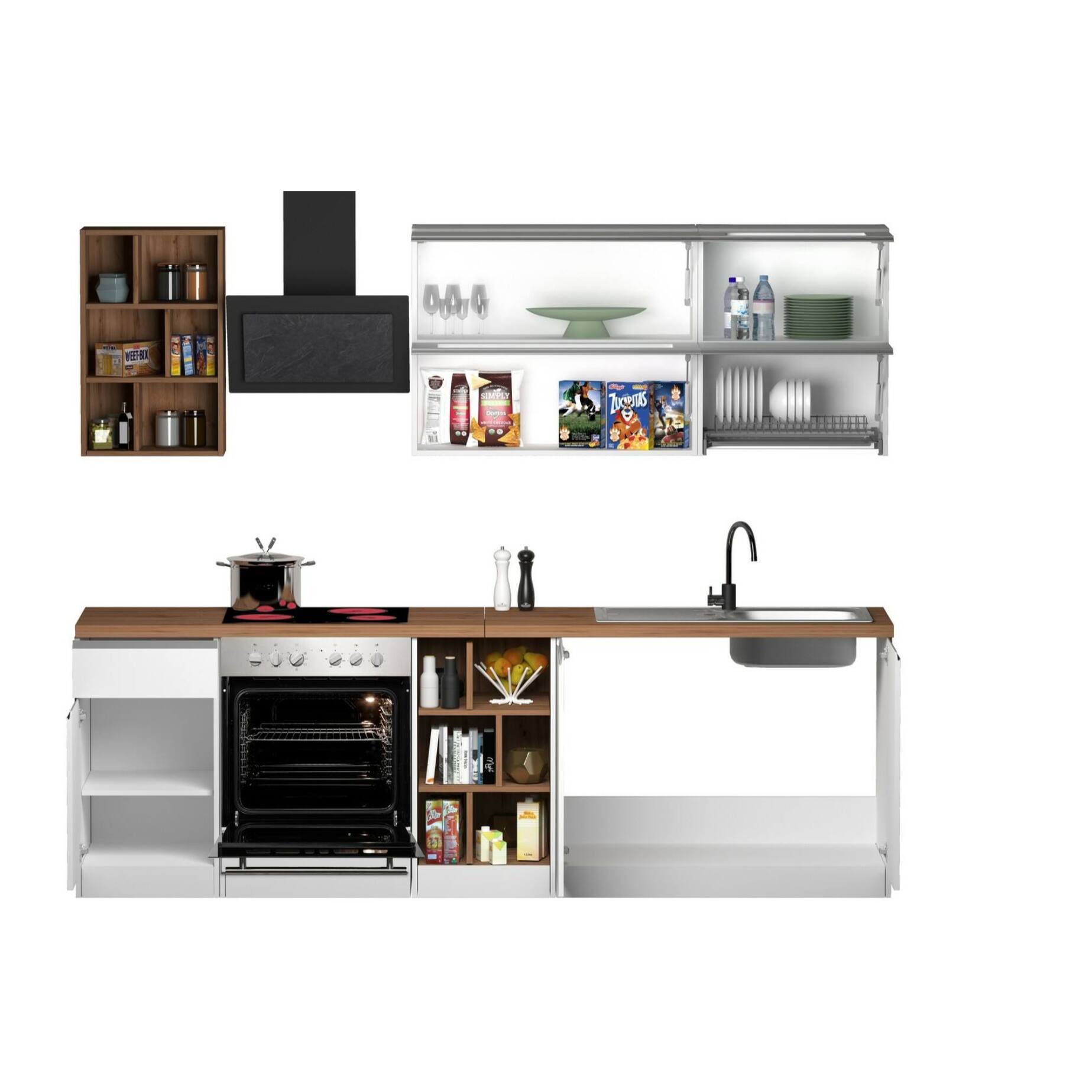 Cucina completa Dcastill, Cucina pratica e salvaspazio, Parete da cucina con 5 ante e 1 cassetto, 100% Made in Italy, 255x60h85 cm, Bianco lucido e Rovere