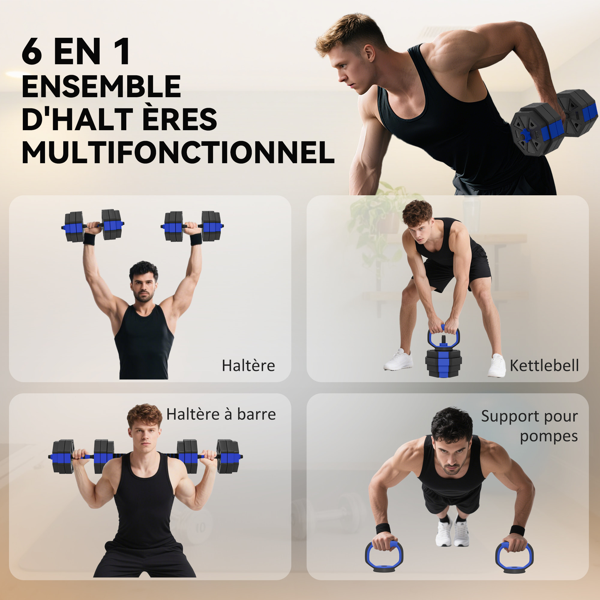 Ensemble d'haltères musculation multifonction 4 en 1 - haltères, kettlebell, push-up support, Olympic barre - total 30Kg - PVC bleu noir