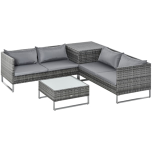 Conjunto de Muebles de Jardín de Ratán 4 Piezas con 2 Sofás Dobles Mesa de Centro Mesa con Arcón Cojines Extraíbles para Terraza Patio Exterior 132x69x64 cm Gris