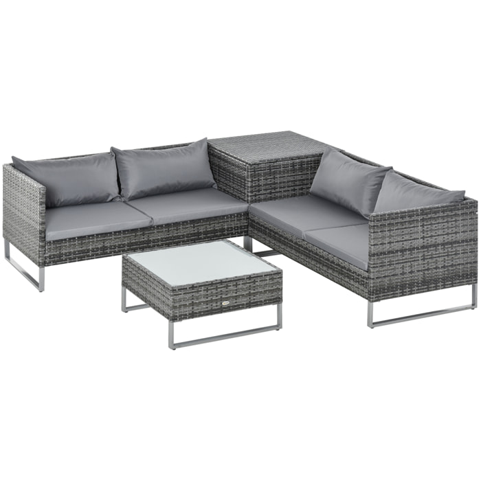 Conjunto de Muebles de Jardín de Ratán 4 Piezas con 2 Sofás Dobles Mesa de Centro Mesa con Arcón Cojines Extraíbles para Terraza Patio Exterior 132x69x64 cm Gris