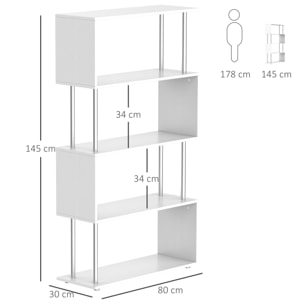 Bibliothèque étagère design contemporain en S 4 niveaux 80L x 30l x 145H cm coloris blanc