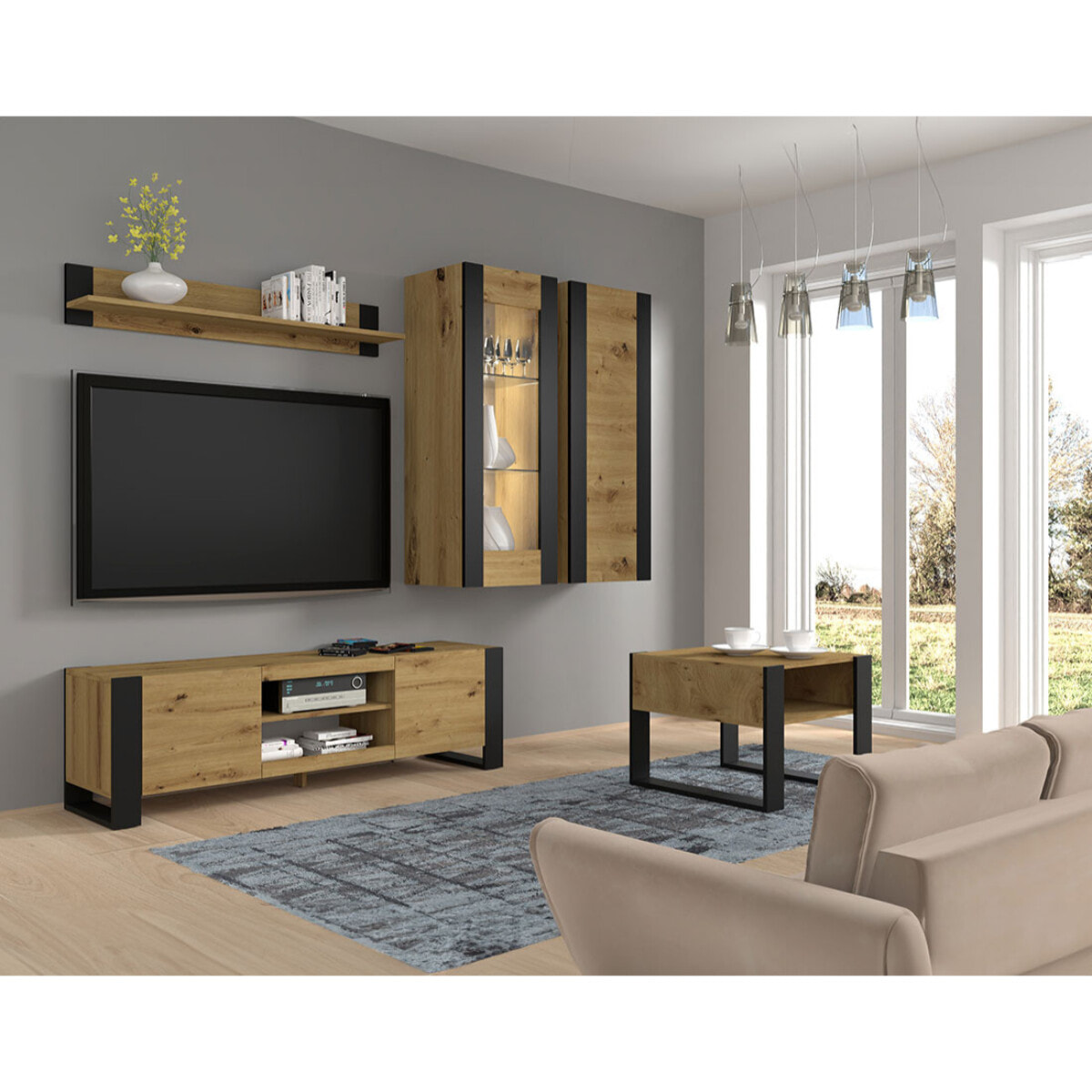 Pedro - meuble tv - 2 portes et 2 niches - 188 cm - Bois / Noir