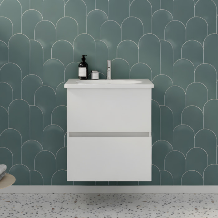 Meuble de salle de bain simple vasque 60 cm BURGBAD Joline blanc mat