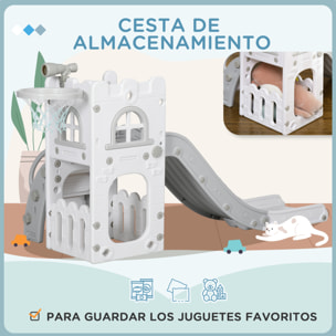 Tobogán Infantil 5 en 1, Tobogán para Niños de 1-3 Años con Aro de Baloncesto, Telescopio, Escalador y Cesta Inferior, para Interior y Exterior, Blanco y Gris
