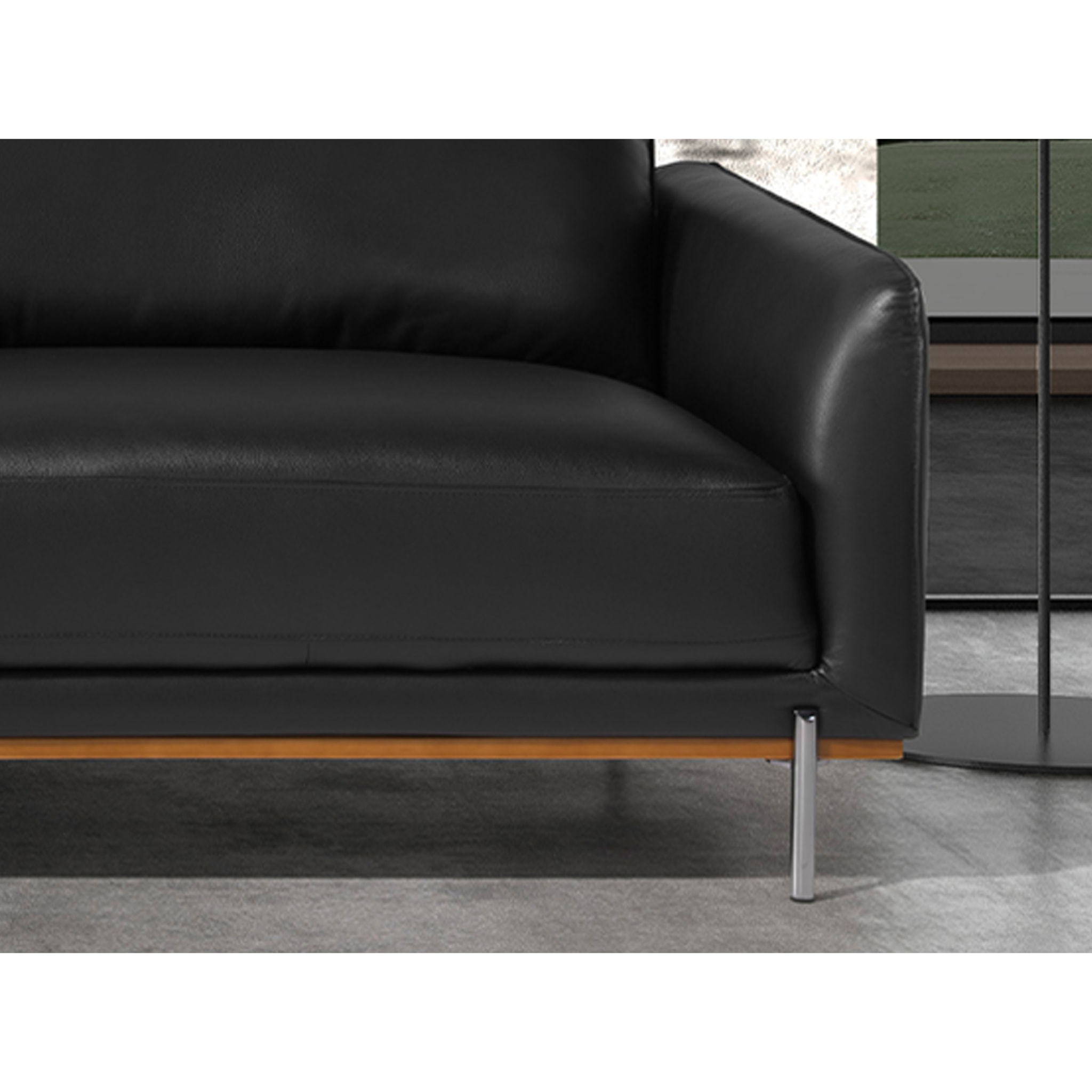 Sofá chaise longue Angel Cerdá izquierda de 5 plazas tapizado en piel de origen vacuno en negro embellecedor de madera de haya vaporizada en nogal y patas de acero inoxidable oscurecido 295x160x83cm