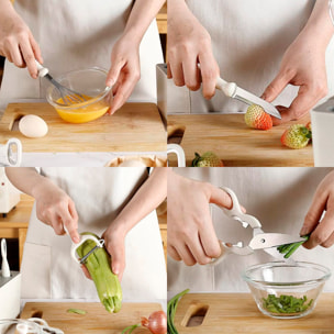 Juego de 5 utensilios de cocina multifuncionales con soporte de almacenamiento, incluye cuchillo, mezclador, tijeras, abrelatas y pelador.