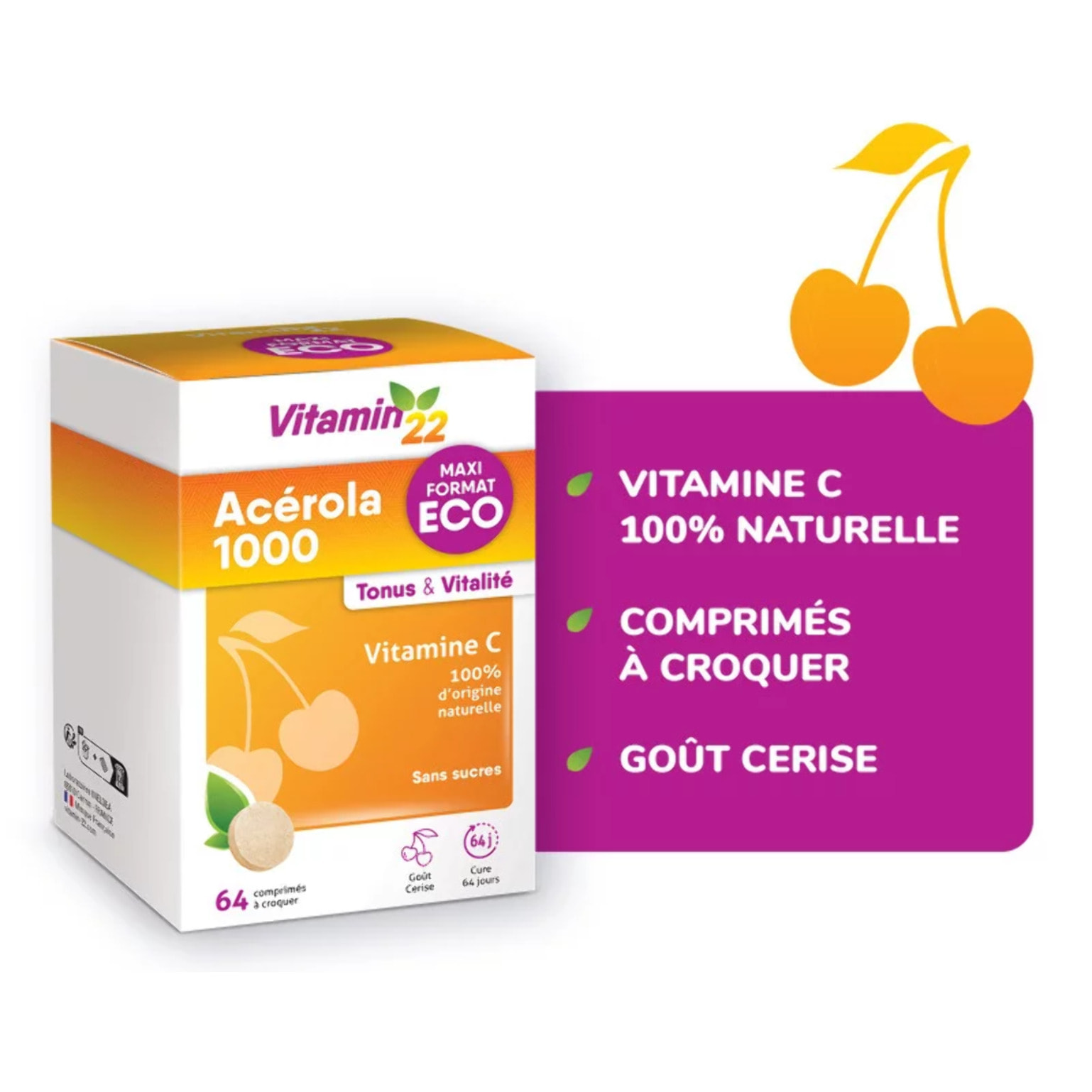 VITAMIN'22 - Acerola 1000 - Complément alimentaire à base d'Acérola- Vitamine C 100% d'origine naturelle - Sans sucre - Sans gluten - Goût Cerise - Cure de 24 j