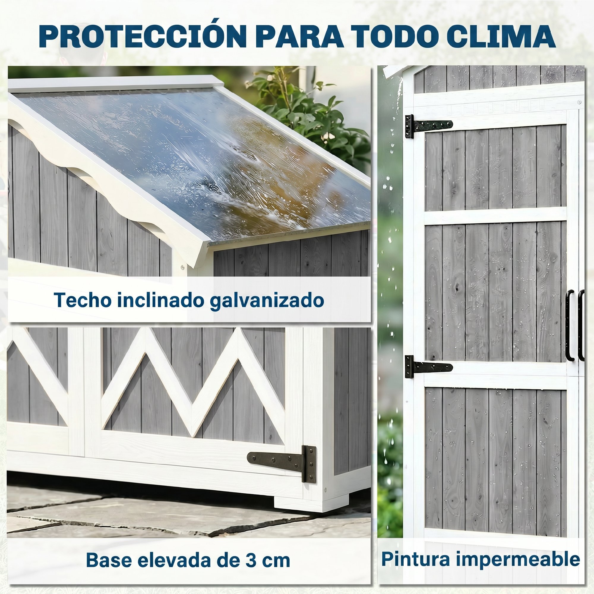 Caseta de Jardín de Madera 105x55x179 cm Cobertizo Jardín Exterior Impermeable Armario Exterior Herramientas con Puertas 4 Estantes Extraíbles Techo Metal Galvanizado Pies Ajustables Gris