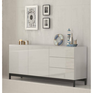 Credenza moderna a 2 ante e 3 cassetti, Made in Italy, Madia da cucina rialzata, Buffet di design da soggiorno, cm 170x40h47, colore Bianco lucido