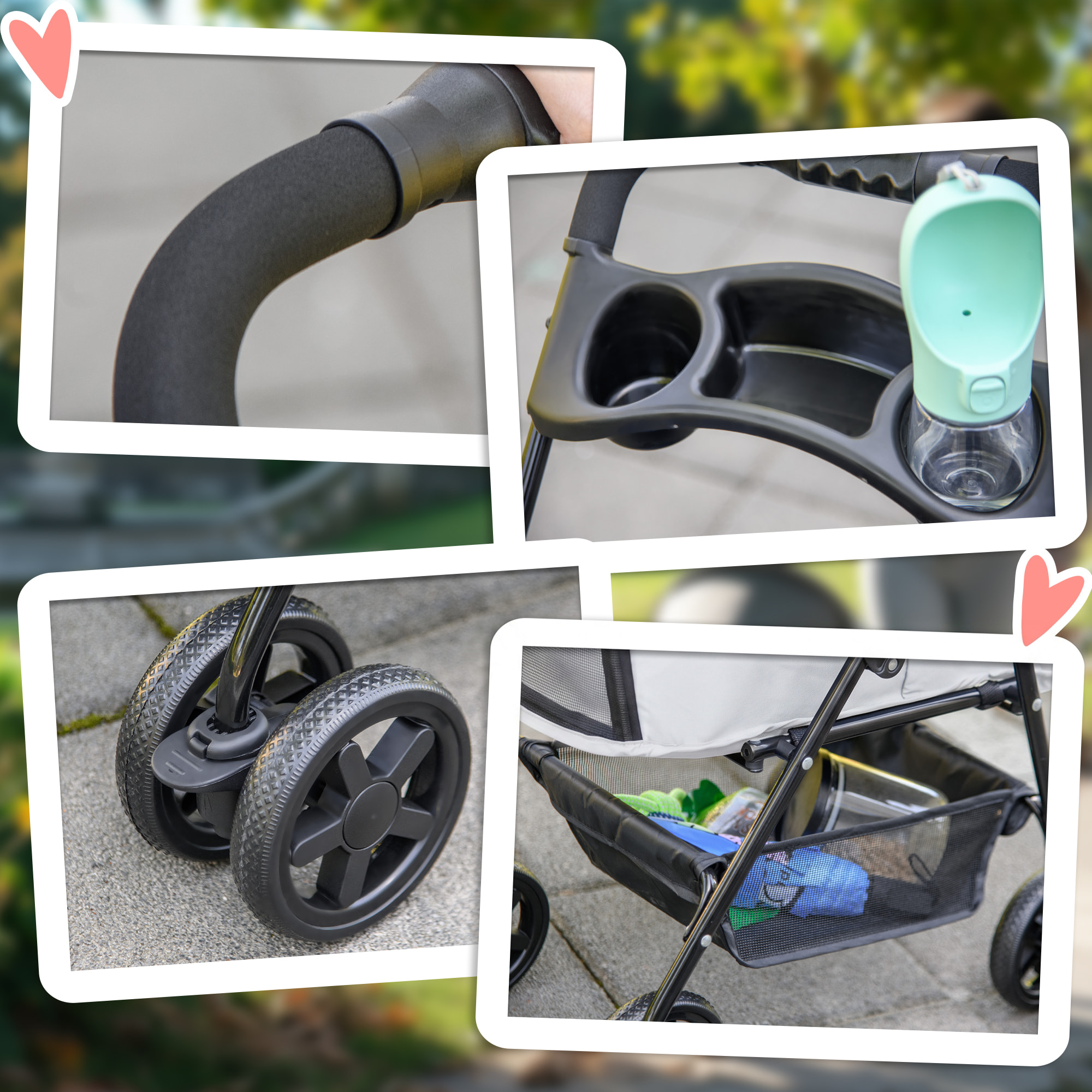 Cochecito para Perros Plegable, Carrito para Perros Pequeños de 4 Ruedas de EVA, Giratorio y Freno, Cesta, Correas de Seguridad, Capota Ajustable, Portavasos y Ventana, 67x45x96 cm, Gris Claro
