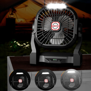 Ventilador P18 con motor sin escobillas, LED con 4 luces, 4 velocidades, 3 niveles de luz. Ángulo ajustable de 90º, gancho para colgar y powerbank de 5200 mAh.