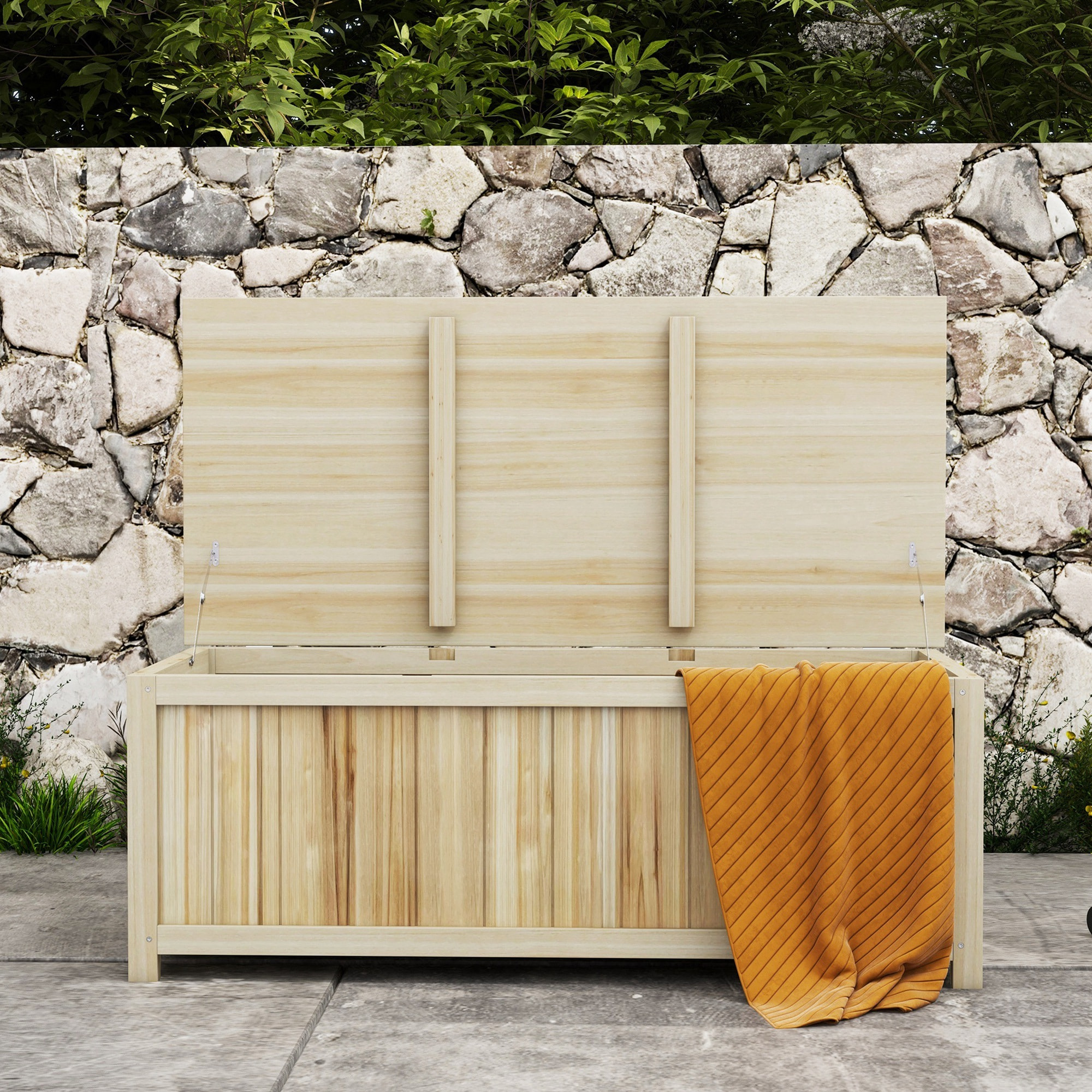 Arcón Exterior de Madera, 172 L, Baúl Almacenaje Exterior con Tapa Abatible, Resistente a la Intemperie, para Jardín, Terraza, Patio, 120x55x45 cm, Madera Natural