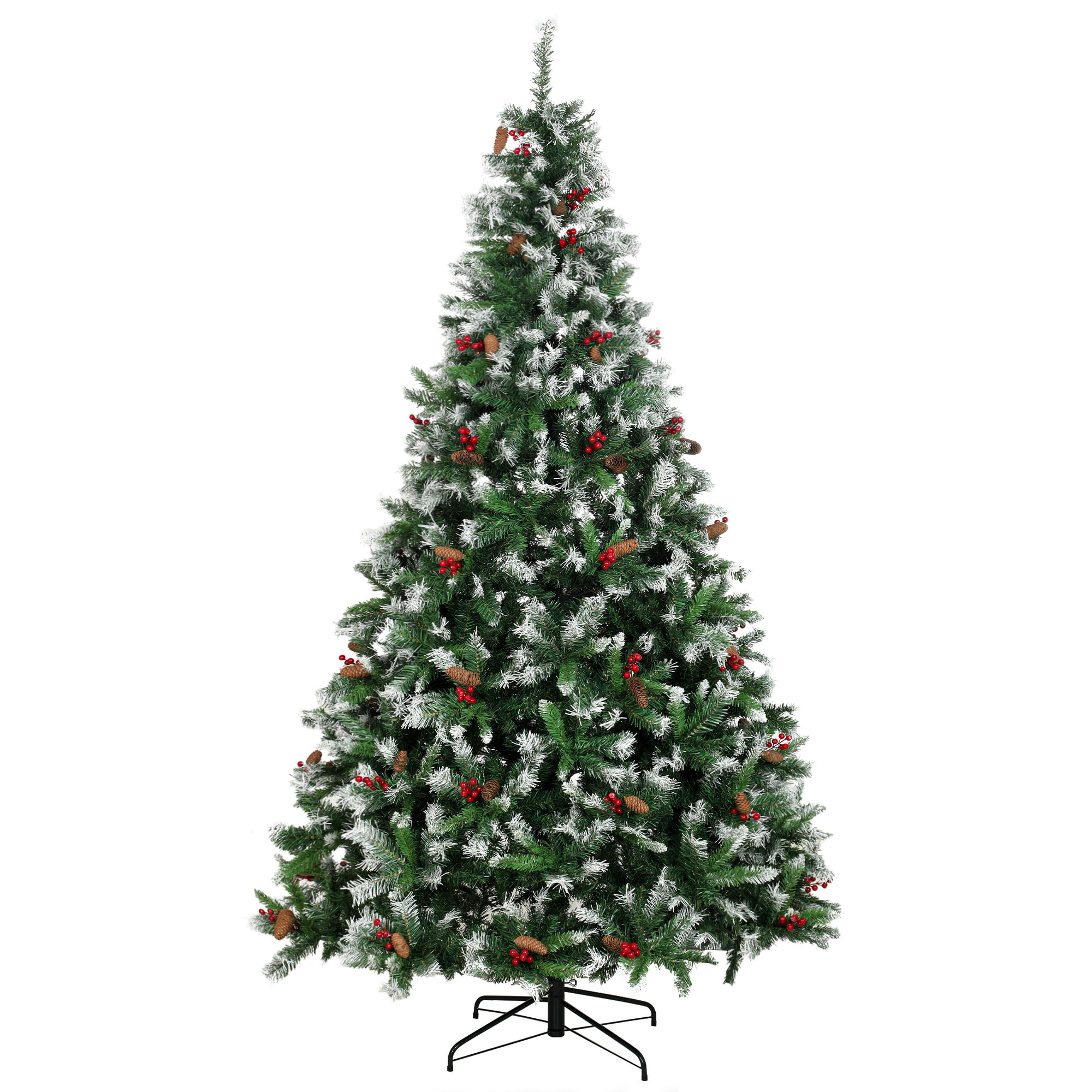 HOMCOM Árbol de Navidad 240 cm, Árbol de Navidad Artificial Nevado con 1773 Ramas, Bayas Rojas, Piñas, Base de Acero Plegable, Montaje Rápido, Decoración Navideña para Salón, Interior, Verde